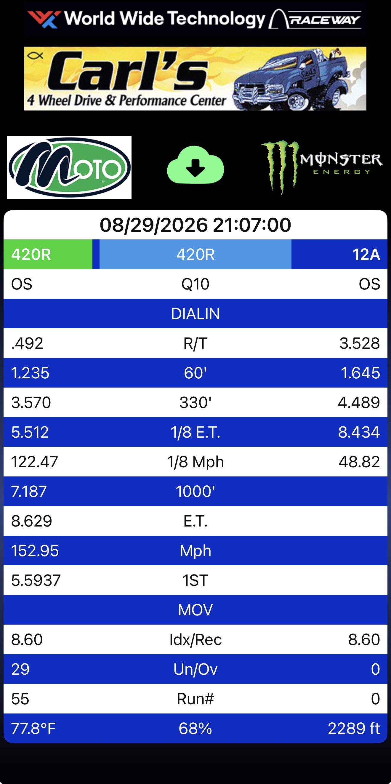 Rory Bradley 8.629 at 152.95 mph time slip